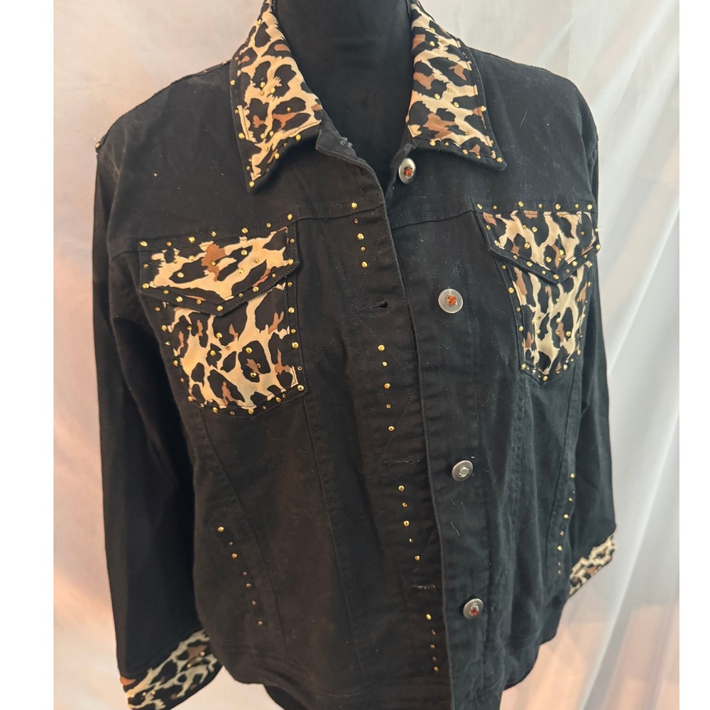 Janie New York Black Denim Jacket Leopard Print Studded Trucker Women Large - Picture 4 of 13